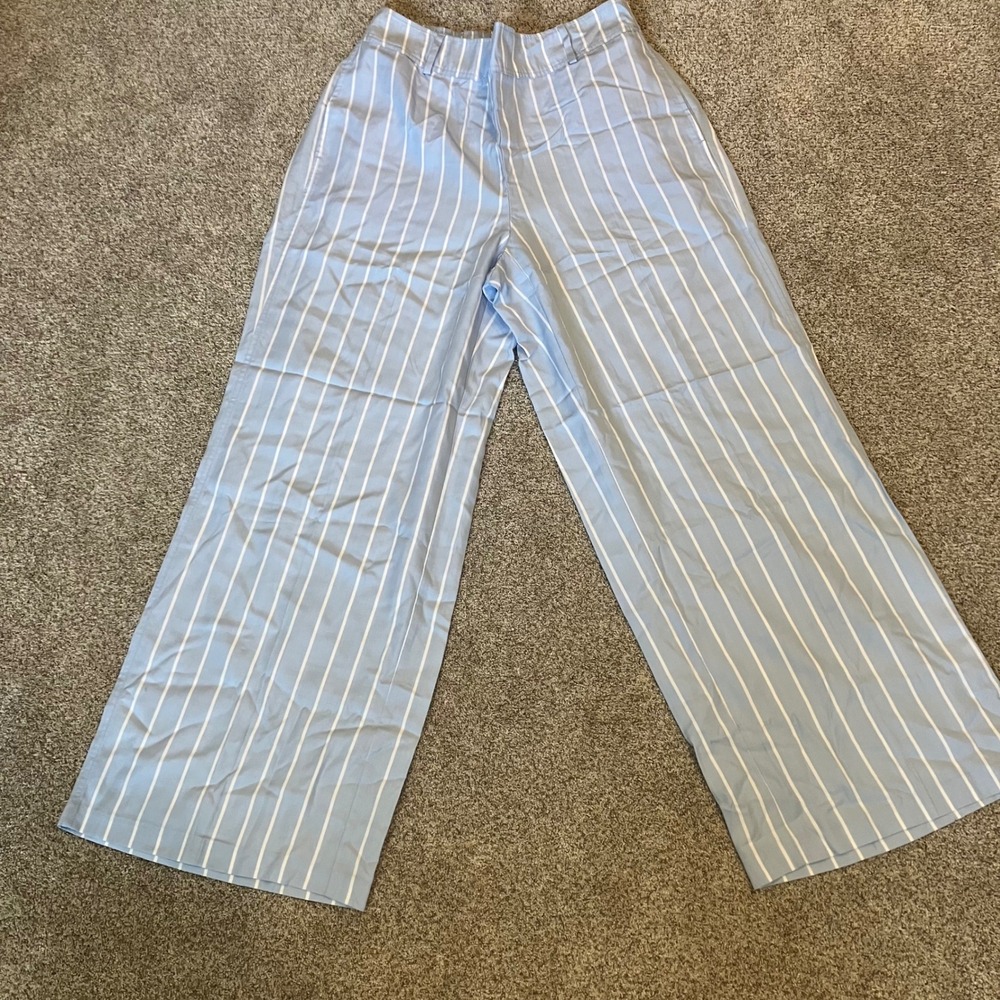 Lane Bryant Light Blue White Striped Wide Leg Lyocell Pants Womens 12 High Rise